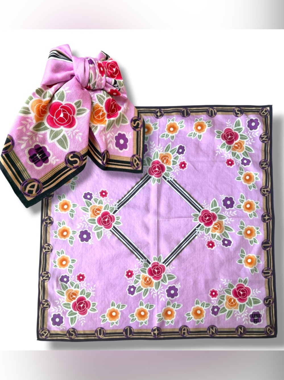 Anna Sui floral cotton scarf Bandana Roses Butterfly Purple Hair Bow Bag Scarf